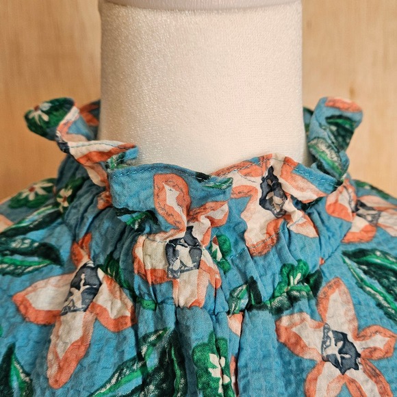 100% Cotton THML Blue Floral Sleeveless Dress Size XS Ruffle Neck/Hem Pockets - Picture 4 of 7